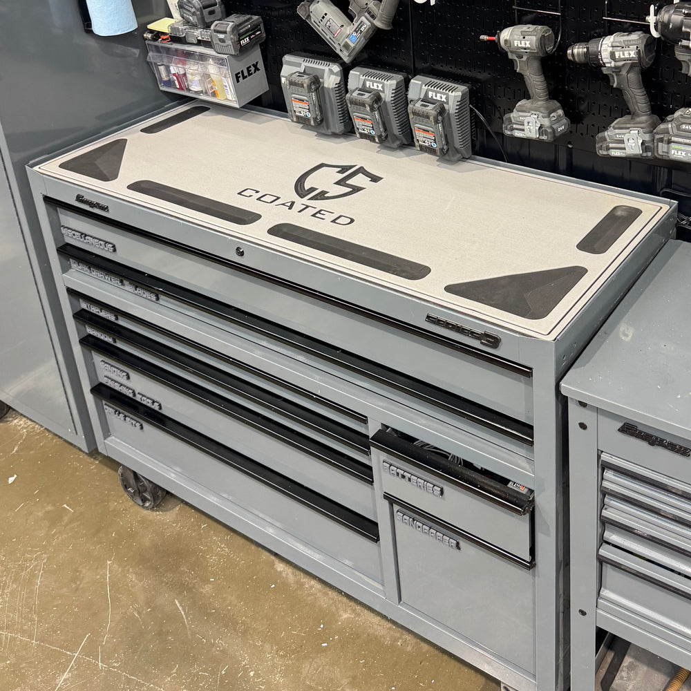 Custom EVA foam tool box top pad cut to fit a truck tool box